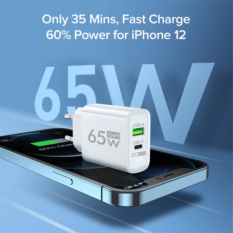 Laptop Charger - Chargeur USB-C GaN 65W, double port,